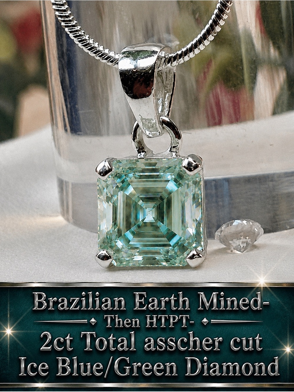 Certified Ice Blue / Green Diamond 2ct Asscher cut silver 925 w/ SS Chain